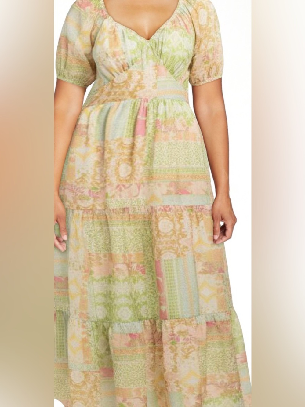 Jessica Simpson Pastel Patchwork Maxi Dress in Green, Pink and Cream 1X (SKU0107